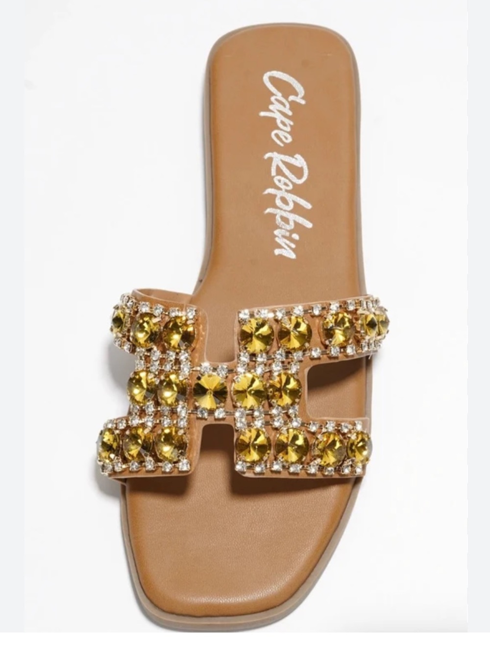 •CAPE ROBBIN• “Cynthy” Tan/Yellow Rhinestone Slip-On Flat Sandals >> NIB